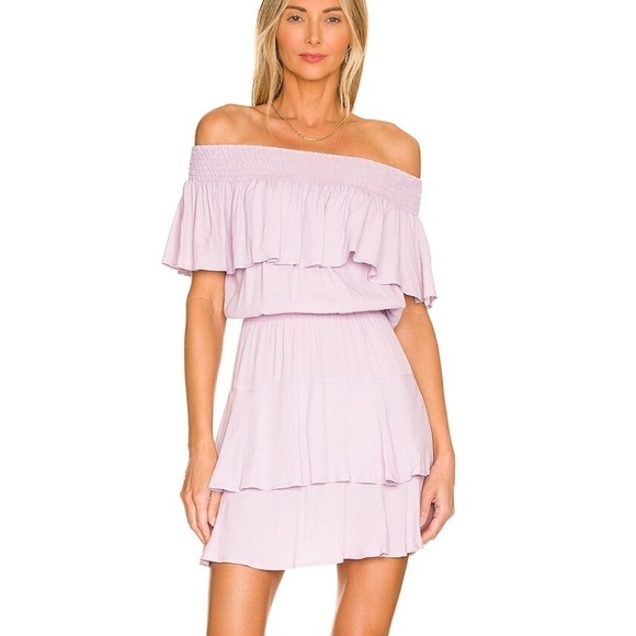 bobi BLACK | Off The Shoulder Ruffle Dress In Luxe Crepe Lavender - Picture 1 of 9
